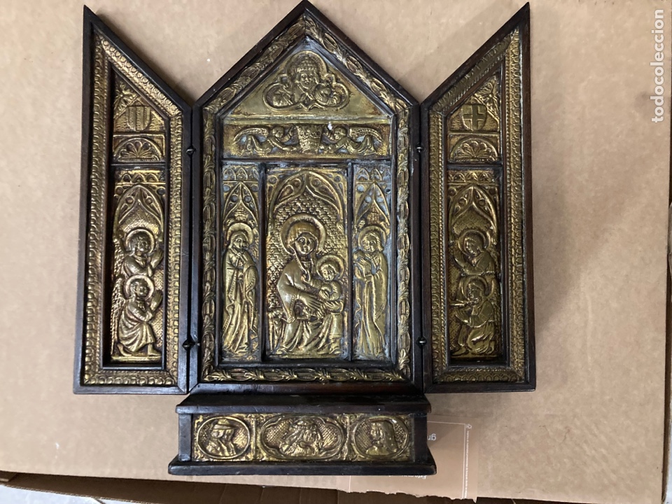 Antig&uuml;edades: Icono antiguo tr&iacute;ptico madera y bronce - Foto 1