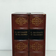 Antigüedades: CAJA SECRETA EN FORMA DE LIBROS - MADERA Y PIEL - II TOMOS, EL ESTUDIANTE DE SALAMANCA. Lote 353166589
