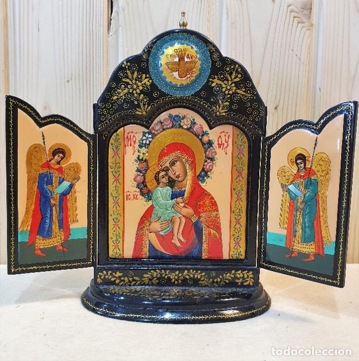 Antig&uuml;edades: TRIPTICO RELIGIOSO DE VIAJE DECORADO A MANO - Foto 1