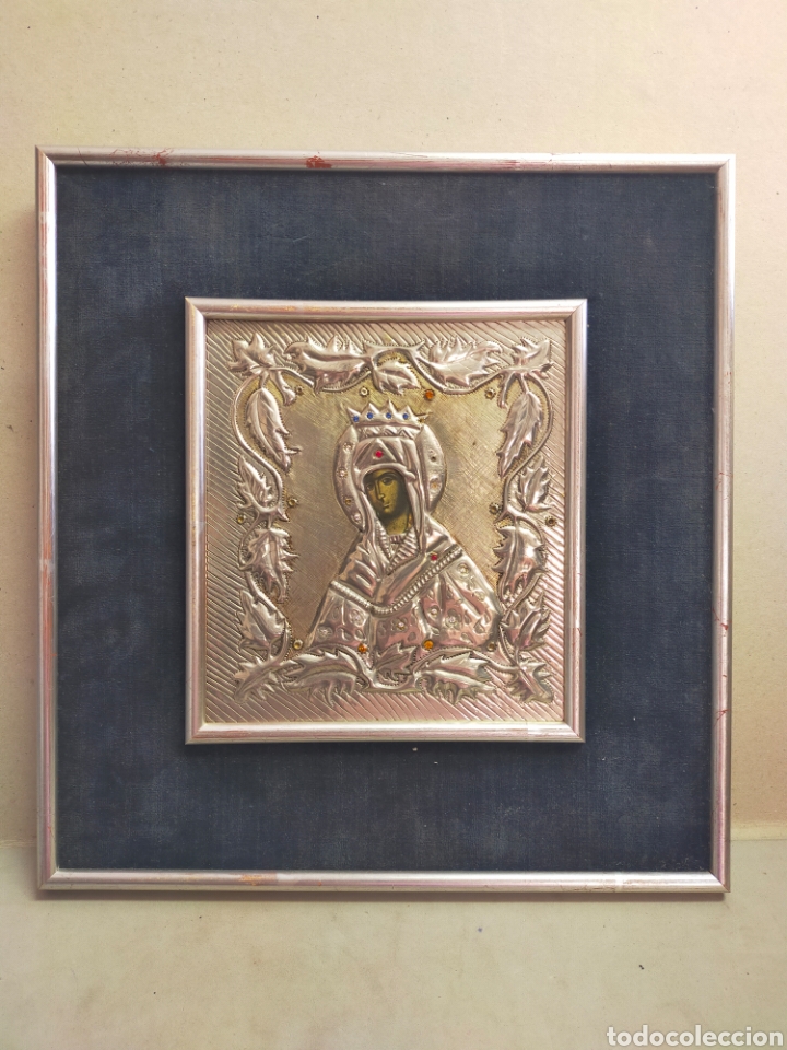 Antig&uuml;edades: ICONO EN MADERA Y ESTA&Ntilde;O REPUJADO. ENMARCADO. - Foto 1