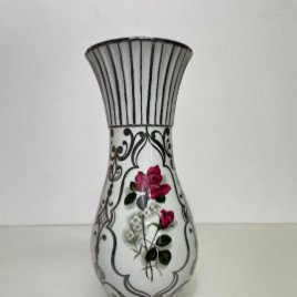 Bonito Jarrón - Porcelana y Plata de Ley, Decorado a Mano - Sello Artlynsa - Altura 39 cm