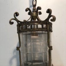 Antigüedades: ANTIGUO FAROL O LAMPARA DE BRONCE Y CRISTAL