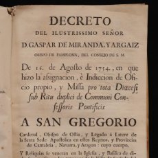 Antigüedades: DECRETO DE D. GASPAR DE MIRANDA (PAMPLONA) A SAN GREGORIO. TAPAS PERGAMINO 1754. BASÍLICA DE SORLADA. Lote 364888701