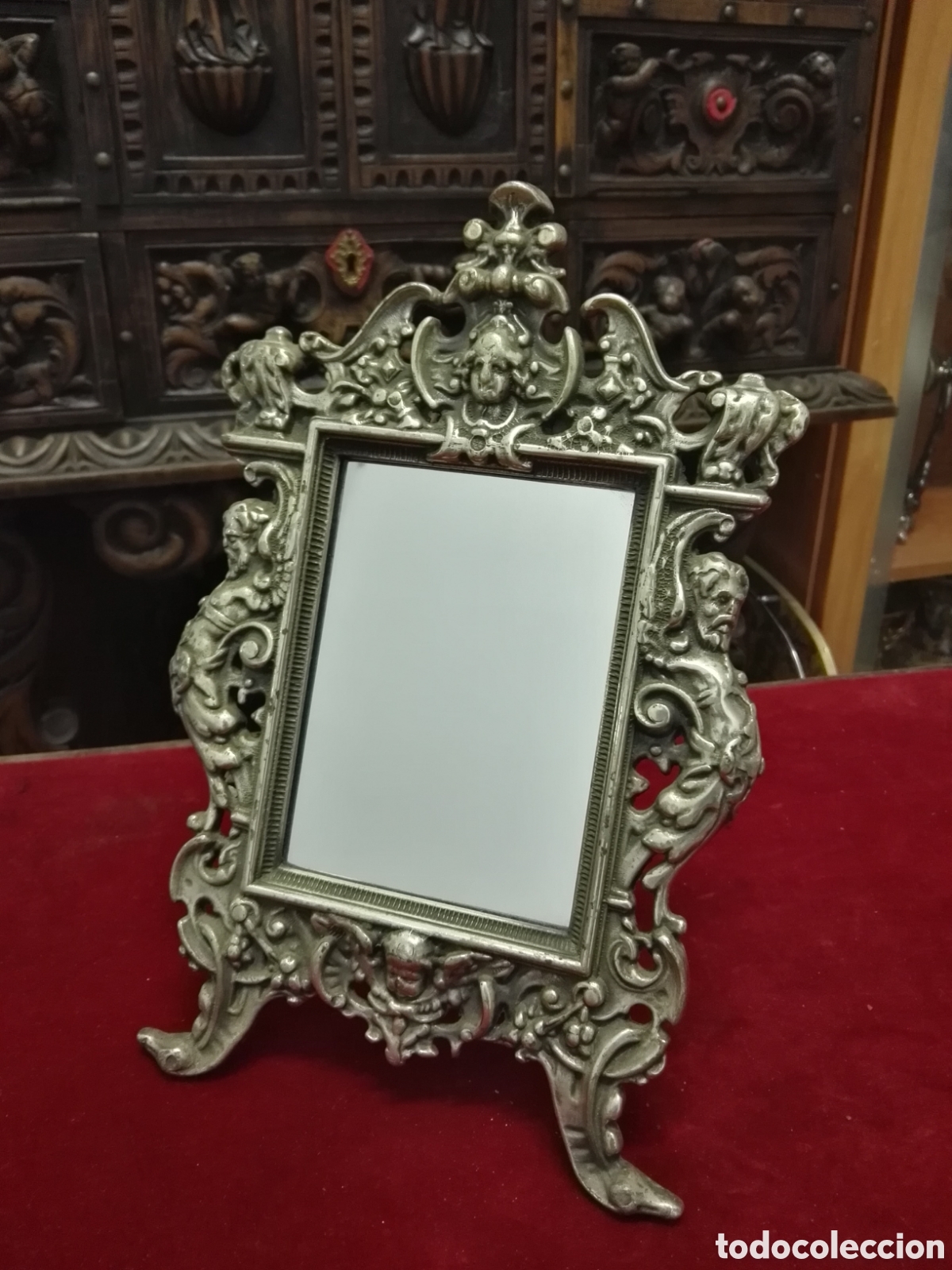 Antig&uuml;edades: Espejo Vintage o Antiguo de Bronce con Ba&ntilde;o de Plata.