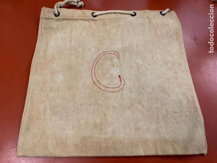 Antig&uuml;edades: Encantadora bolsa de tela antigua, tela de canamo, para llevar la merienda a la escuela. A&ntilde;os 30