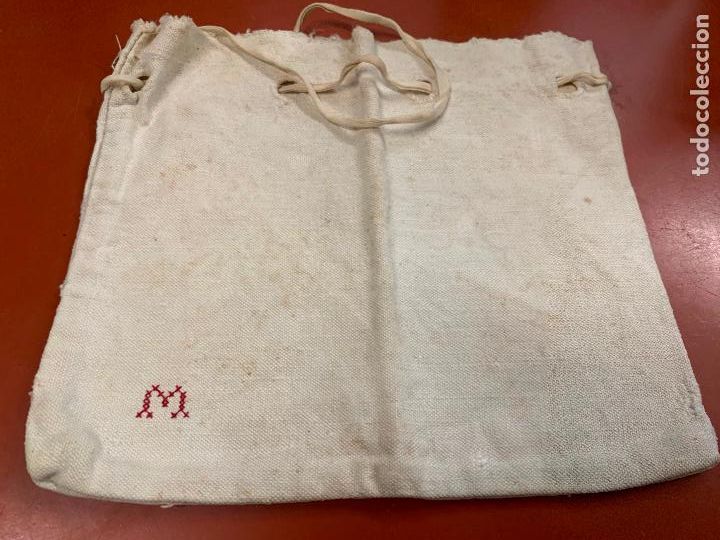 Antig&uuml;edades: Encantadora bolsa de tela antigua, loneta de algodon, para llevar la merienda a la escuela. A&ntilde;os 30