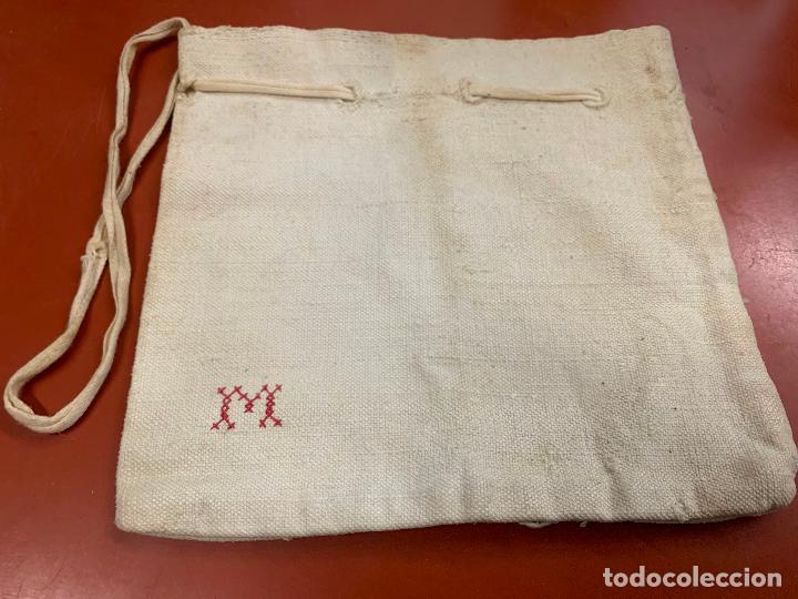 Antig&uuml;edades: Encantadora bolsa de tela antigua, loneta de algodon, para llevar la merienda a la escuela. A&ntilde;os 30