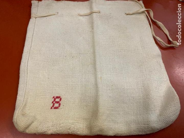 Antig&uuml;edades: Encantadora bolsa de tela antigua, tela de canamo, para llevar la merienda a la escuela. A&ntilde;os 30