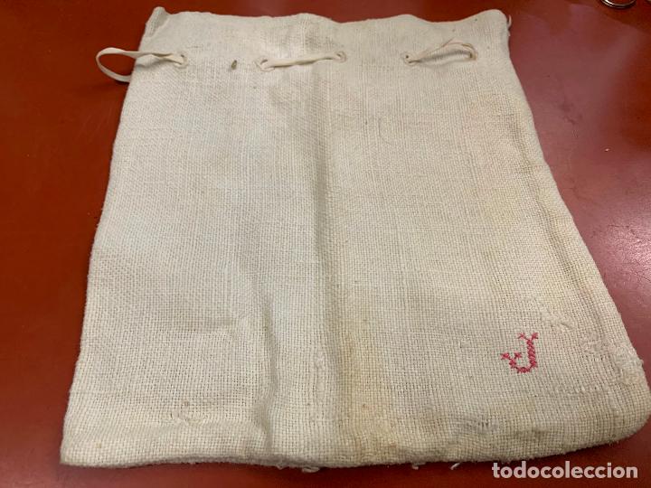 Antig&uuml;edades: Encantadora bolsa de tela antigua, tela de canamo, para llevar la merienda a la escuela. A&ntilde;os 30