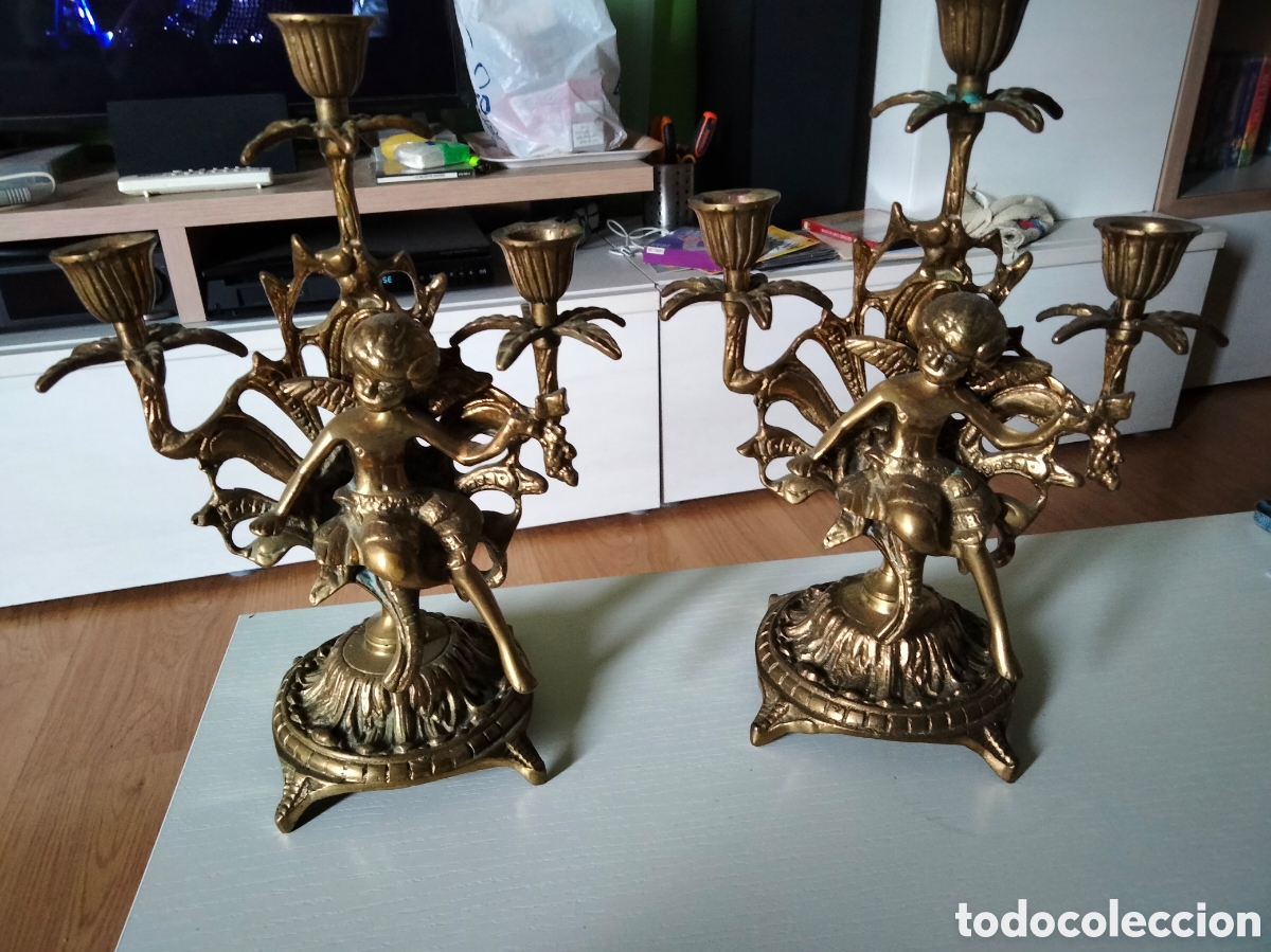 Antig&uuml;edades: 2 candelabros candeleros &aacute;ngeles en bronce