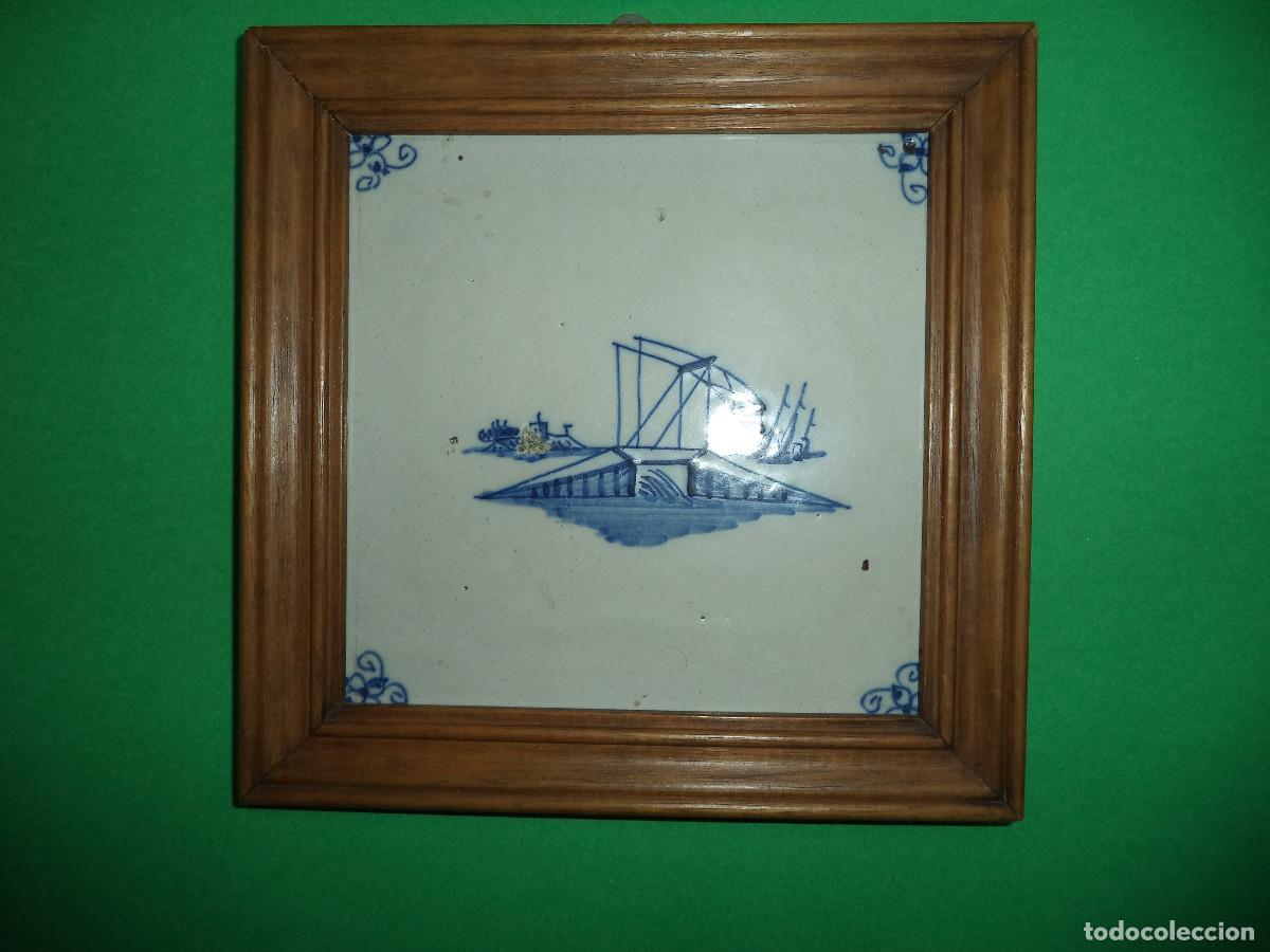 Antig&uuml;edades: Curioso azulejo, com Paisagem a beira mar, com edificio, grua e barco, S&eacute;c XIX - Foto 1