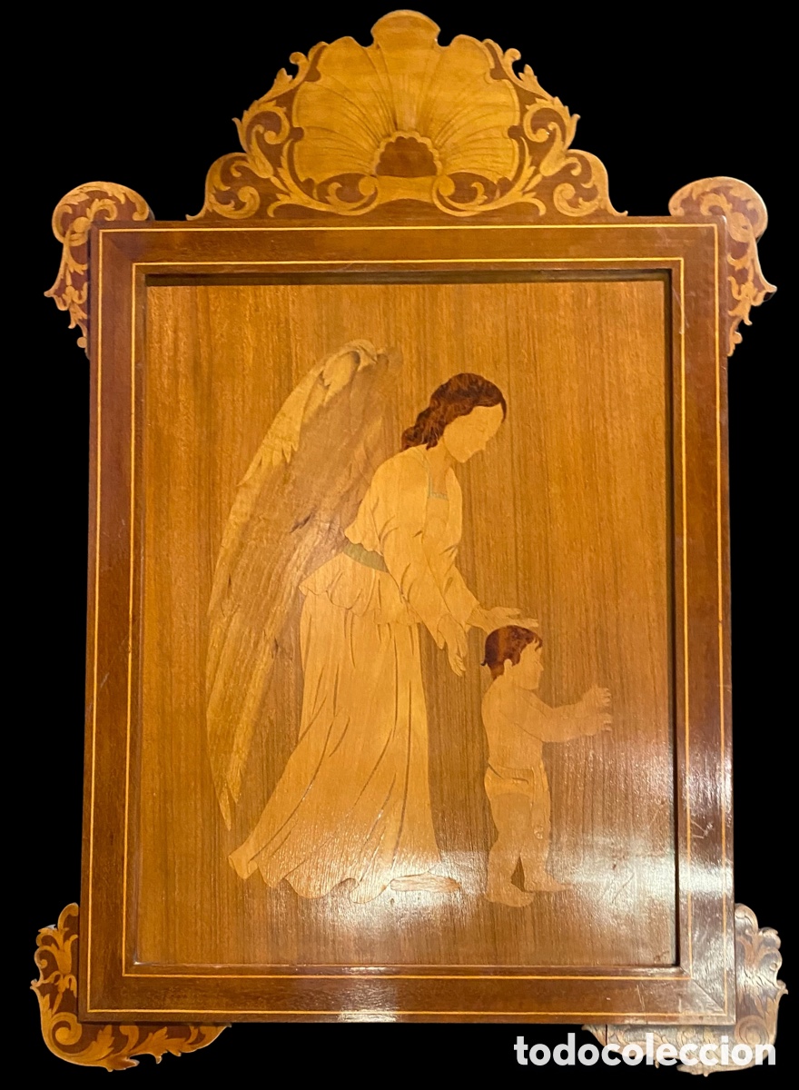 Antig&uuml;edades: Plaf&oacute;n de madera con marqueter&iacute;a el Angel de la Guarda - Foto 1