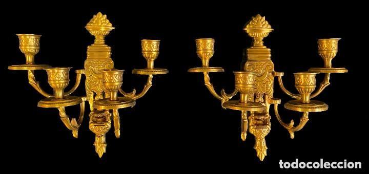 Antigüedades: Antigua pareja de apliques, candelabros de bronce imperio. Napoleón III.