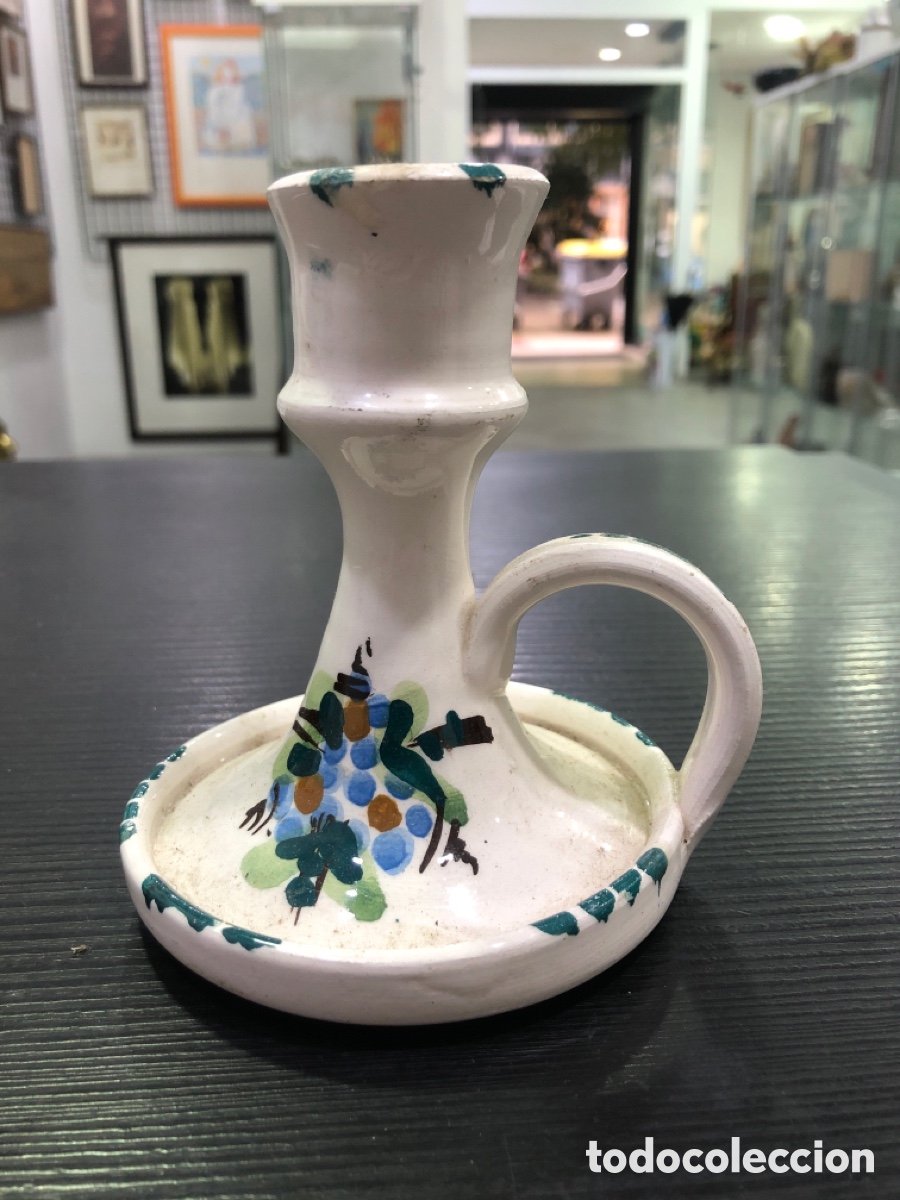 Antig&uuml;edades: Antigua palmatoria o porta velas de loza, ceramica (L50)