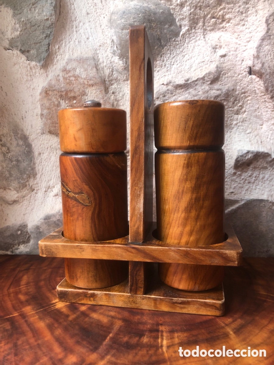 Antig&uuml;edades: SALERO Y PIMENTERO SET DE MESA MADERA DE OLIVO. Vintage
