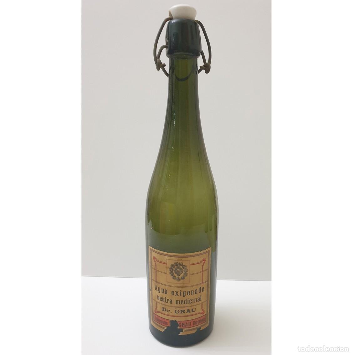 Antiquit&auml;ten: ANTIGUA Botella AGUA OXIGENADA Dr. GRAU - Laboratorio BARCELONA - Tap&oacute;n CER&Aacute;MICO Mec&aacute;nico - RARA
