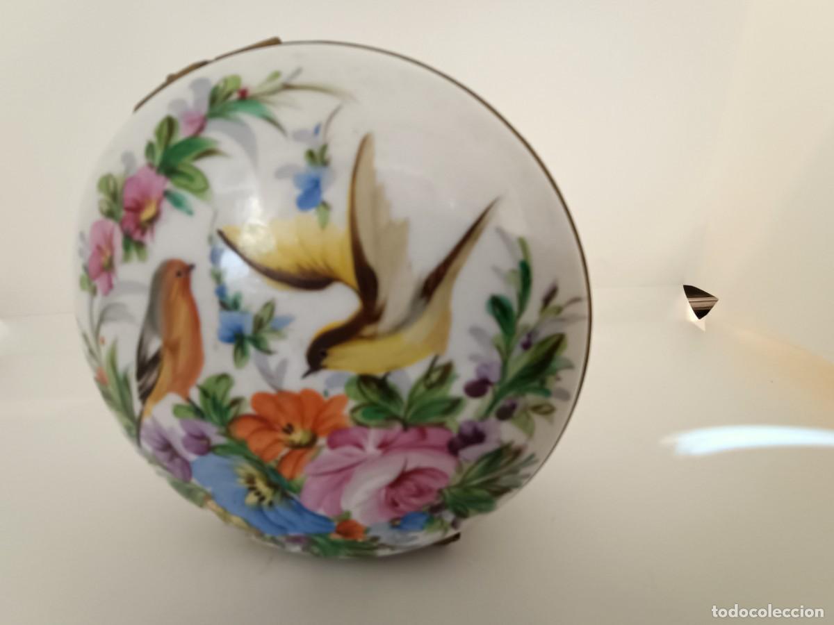 Antiguidades: Caja redonda de porcelana con p&aacute;jaros pintados a mano.