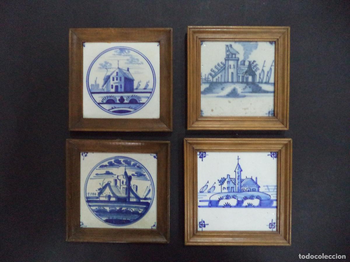 Antig&uuml;edades: Conjunto 4 azulejos Faian&ccedil;a Casarios com barcos, S&eacute;c 18 e 19 - Foto 1
