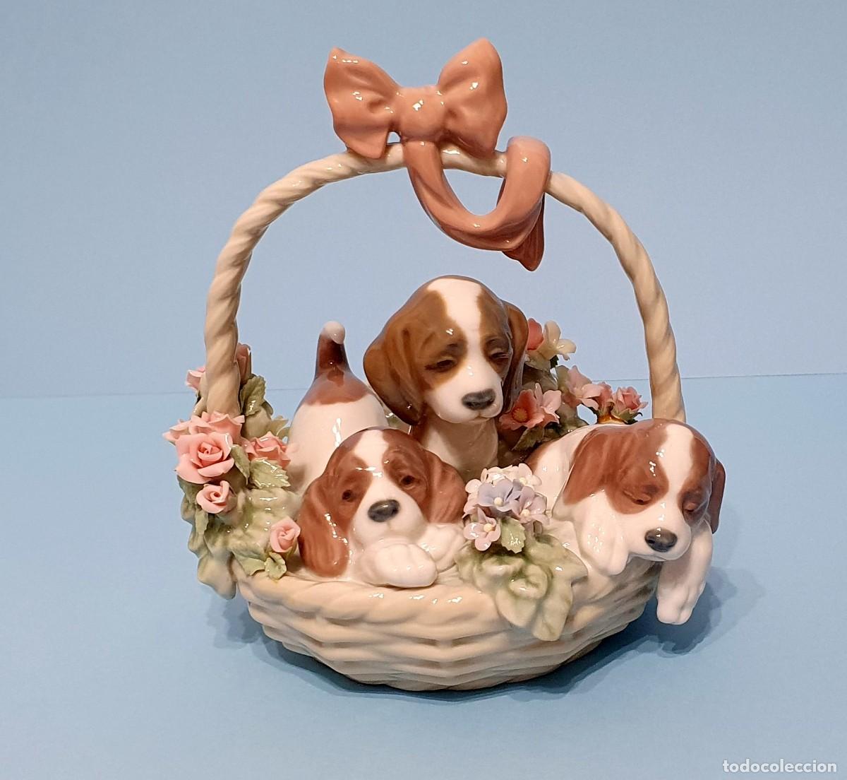 Antig&uuml;edades: CESTA CON PERRITOS Y FLORES - Foto 2