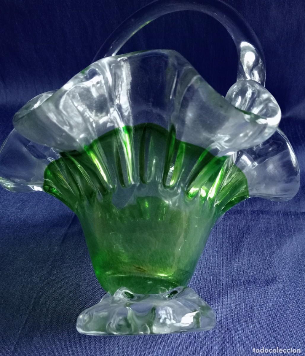 Antig&uuml;edades: CESTA DE CRISTAL GRUESO, NITIDO Y VERDE - Foto 3