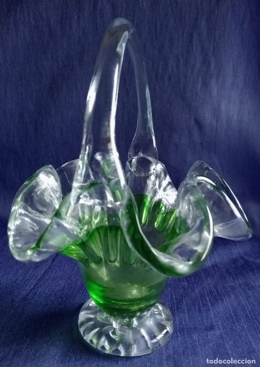 Antig&uuml;edades: CESTA DE CRISTAL GRUESO, NITIDO Y VERDE - Foto 4