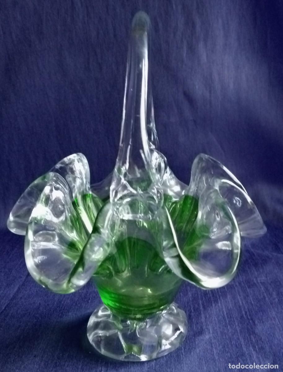 Antig&uuml;edades: CESTA DE CRISTAL GRUESO, NITIDO Y VERDE - Foto 5