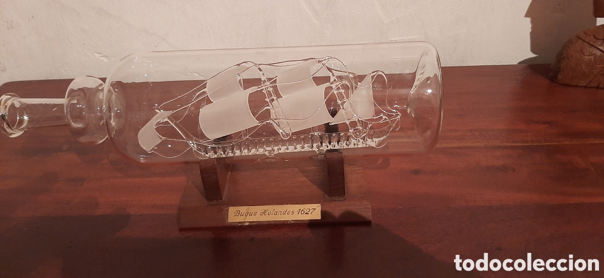 Antig&uuml;edades: VELERO DE CRISTAL EN BOTELLA DE VIDRIO