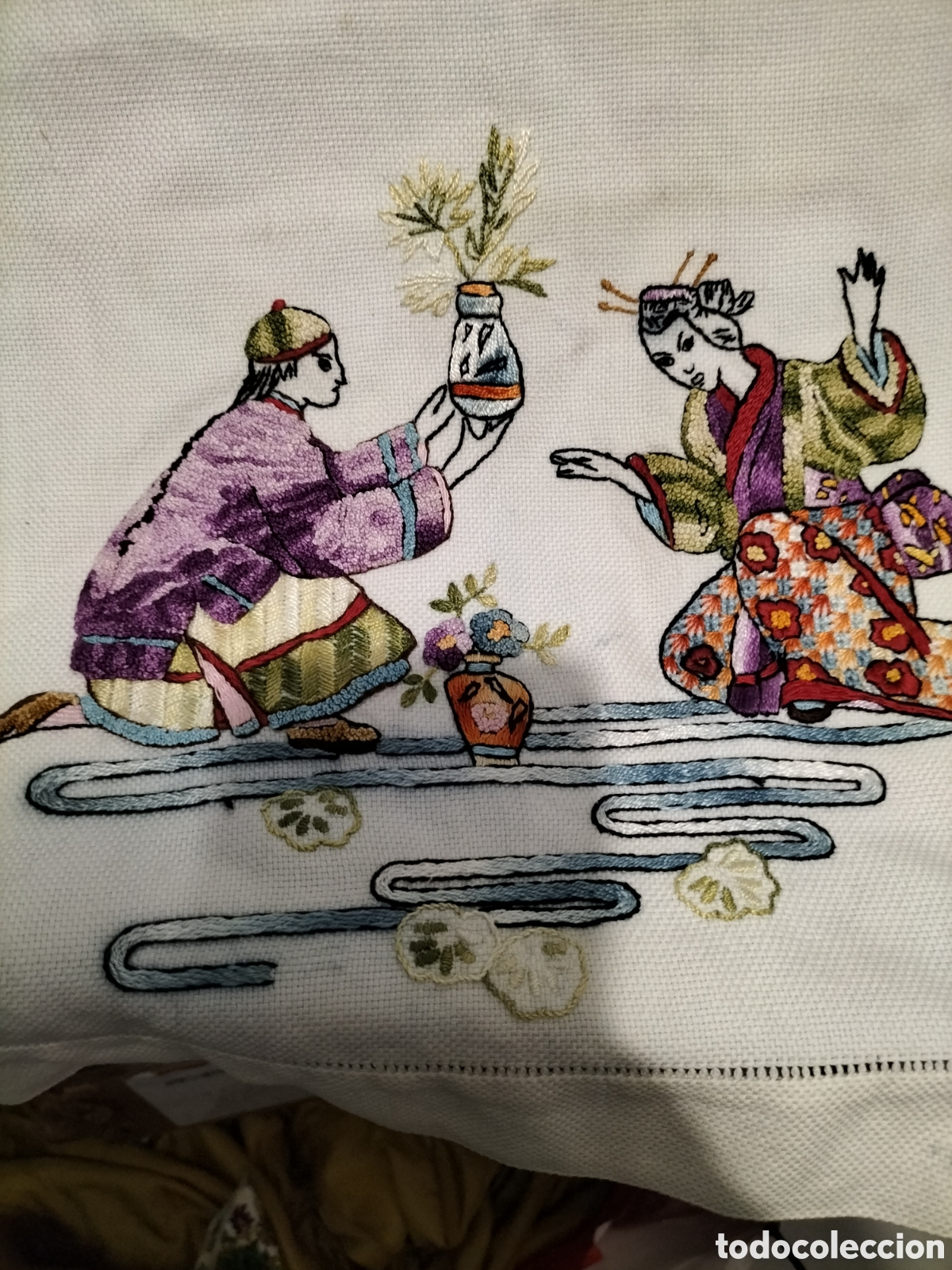 Antig&uuml;edades: Toalla antigua bordada complejo bordado paisaje chino