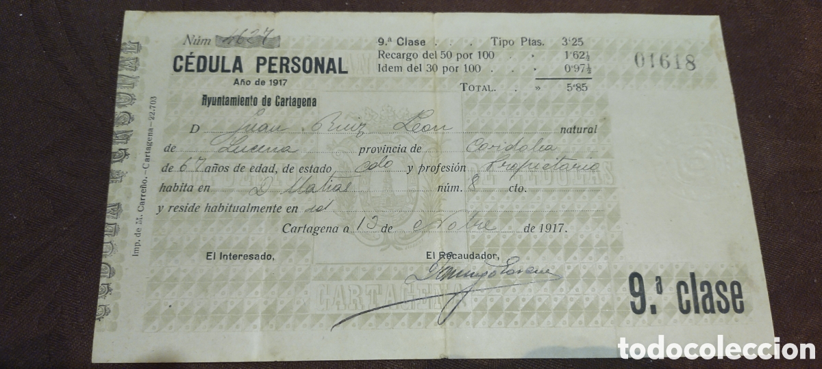 Antig&uuml;edades: C&eacute;dula personal 1917 Lucerna C&oacute;rdoba Cartagena profesi&oacute;n propietario