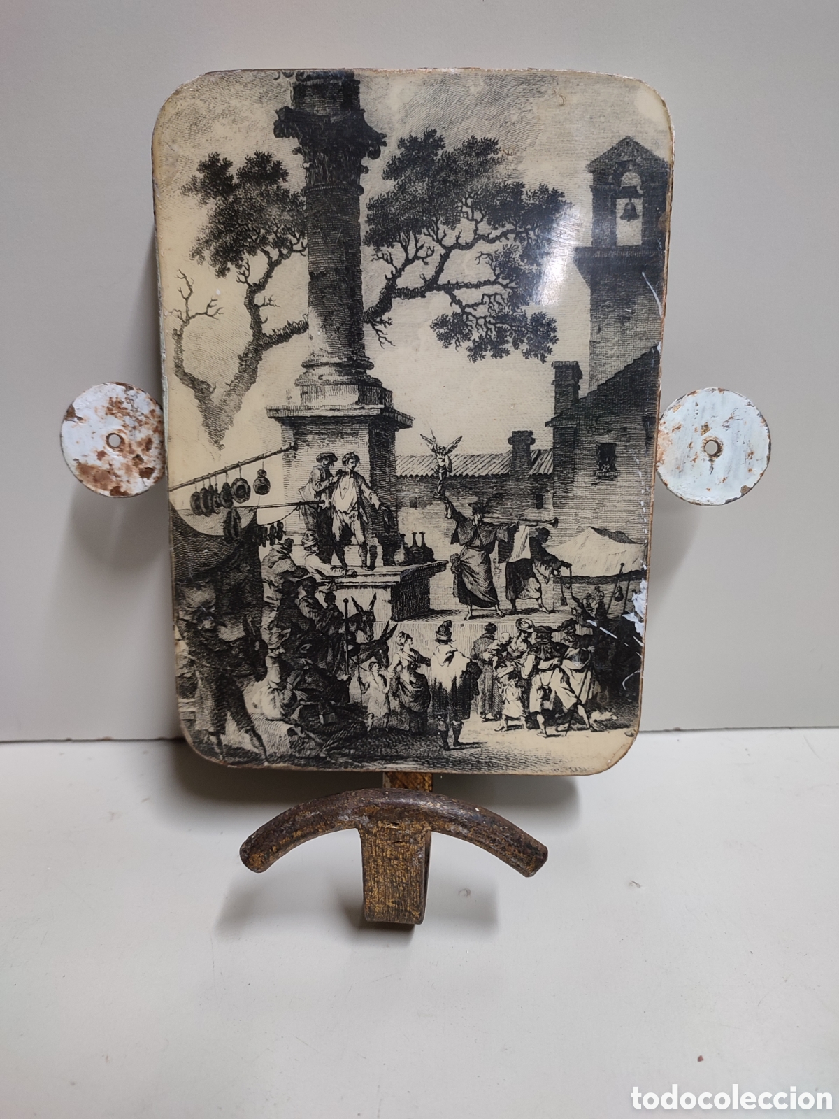 Antiquit&eacute;s: Antigua percha de hierro y madera con cuadro. Perchero.