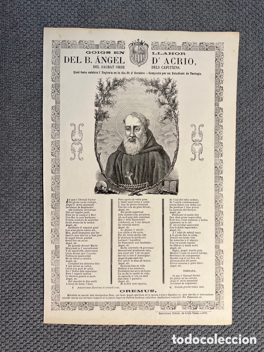 Antiques: GOIGS EN LLAHOR DEL B. ANGEL D&rsquo;ACRIO del Sagrat Orde dels Caputxins&hellip; Barcelona Llu&iacute;s Tasso (a.1870)