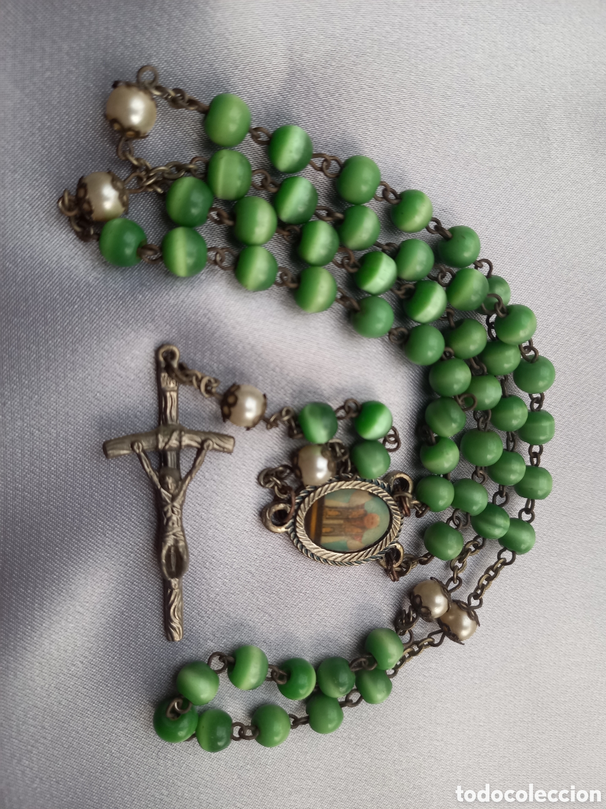 Antiquit&eacute;s: Rosario antiguo del Vaticano en cristal verde medalla Juan Pablo II imagen papa Italia Roma