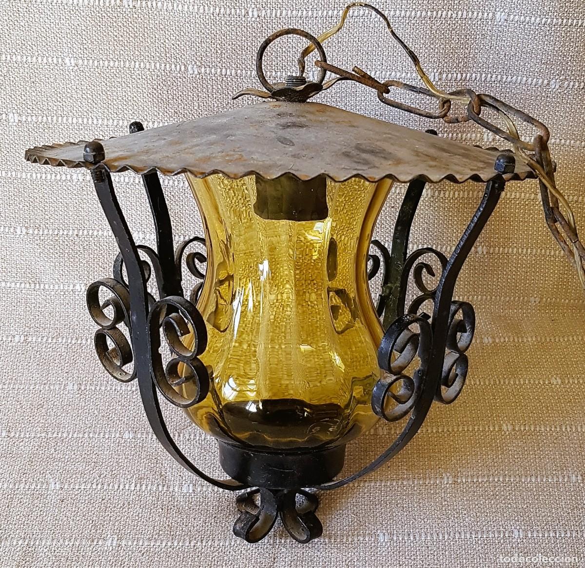 Antig&uuml;edades: Antiguo Farol de Forja con Cristal Ambar - Foto 2