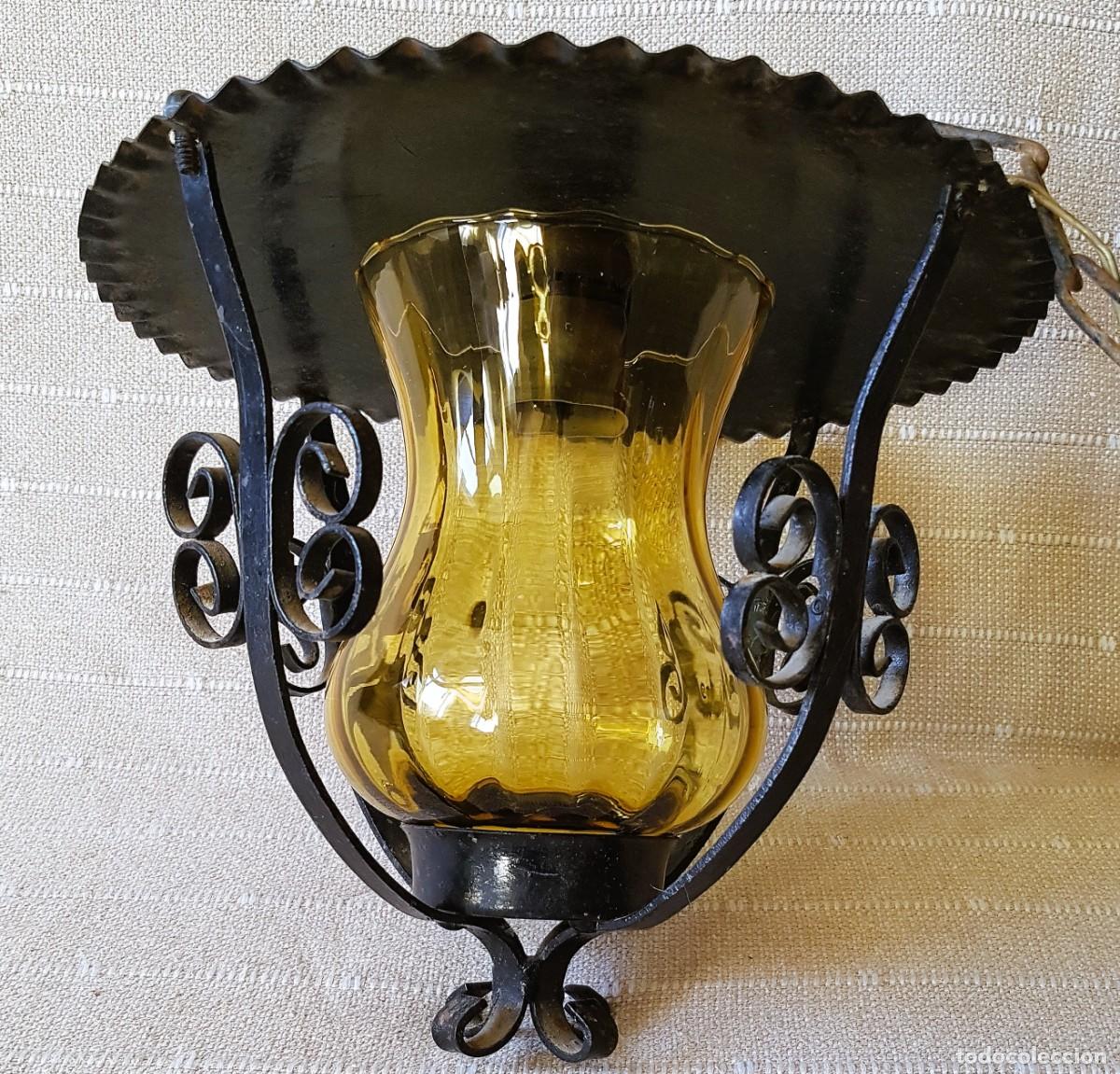 Antig&uuml;edades: Antiguo Farol de Forja con Cristal Ambar - Foto 3
