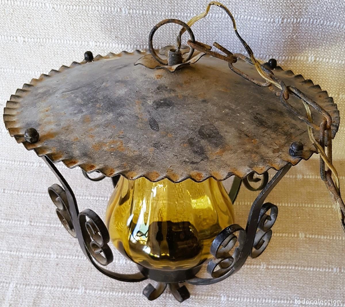Antig&uuml;edades: Antiguo Farol de Forja con Cristal Ambar - Foto 4