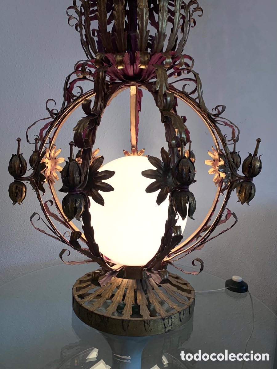 Antig&uuml;edades: L&Aacute;MPARA DE PI&Eacute; CON GLOBO DE OPALINA. MAISON JANSEN? - Foto 3