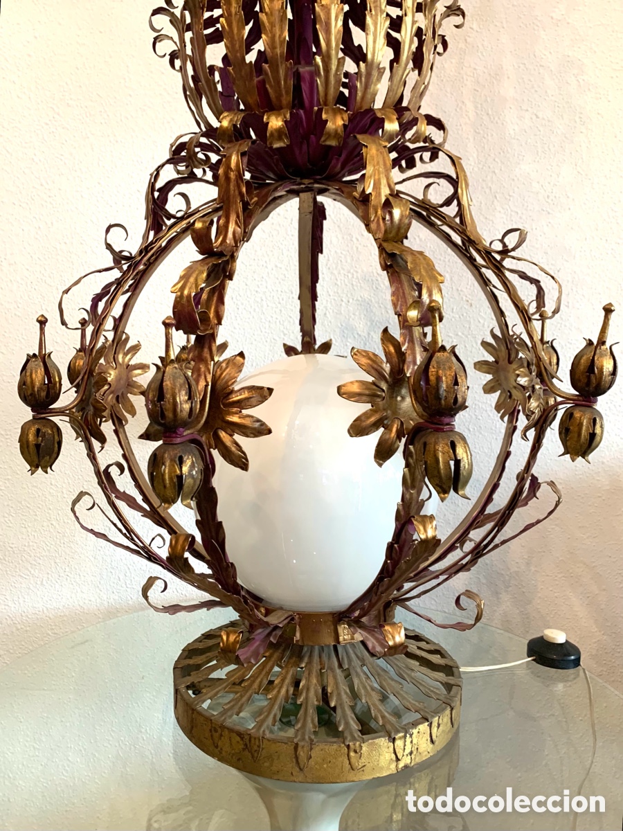Antig&uuml;edades: L&Aacute;MPARA DE PI&Eacute; CON GLOBO DE OPALINA. MAISON JANSEN? - Foto 6