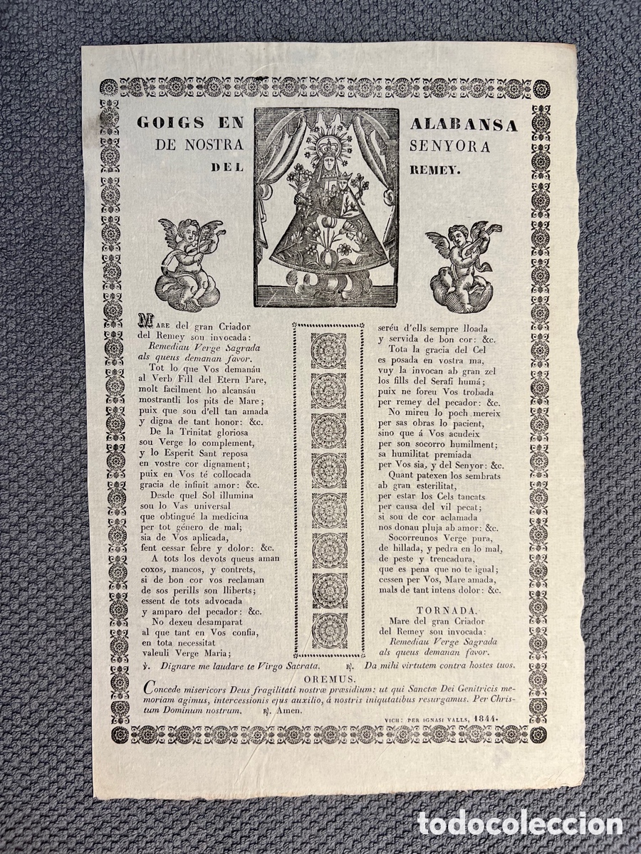 Antiques: GOIGS EN ALABANSA de Nostra Senyora de REMEI. Vich, per Ignasi Valls (1844)