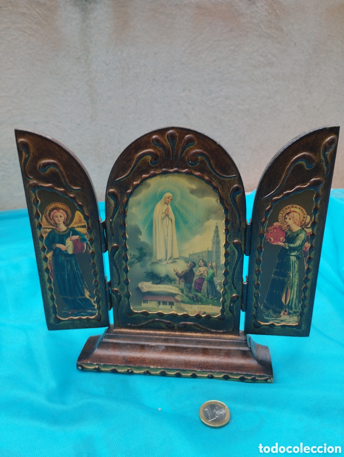 Antig&uuml;edades: Tr&iacute;ptico de la virgen de F&aacute;tima 23cmX21cm - Foto 2