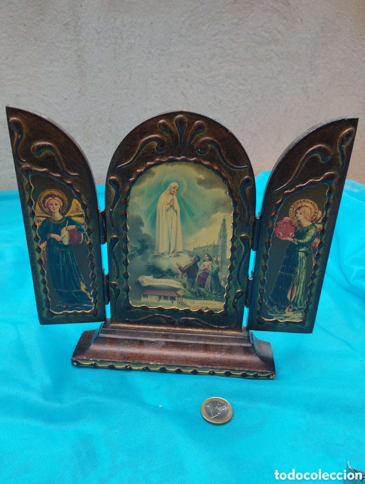 Antig&uuml;edades: Tr&iacute;ptico de la virgen de F&aacute;tima 23cmX21cm - Foto 1