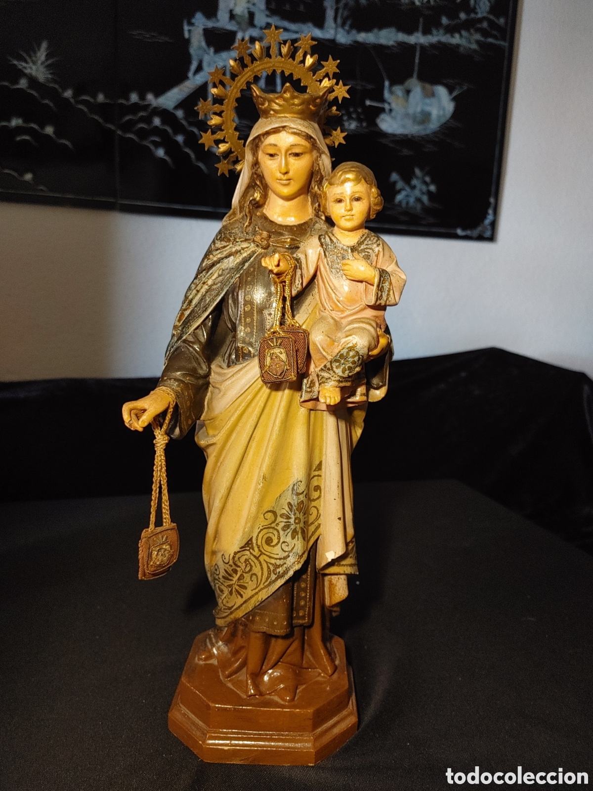 Antiquit&auml;ten: Antigua figura religiosa Virgin Carmen . Pasta de madera? alto 37cmc