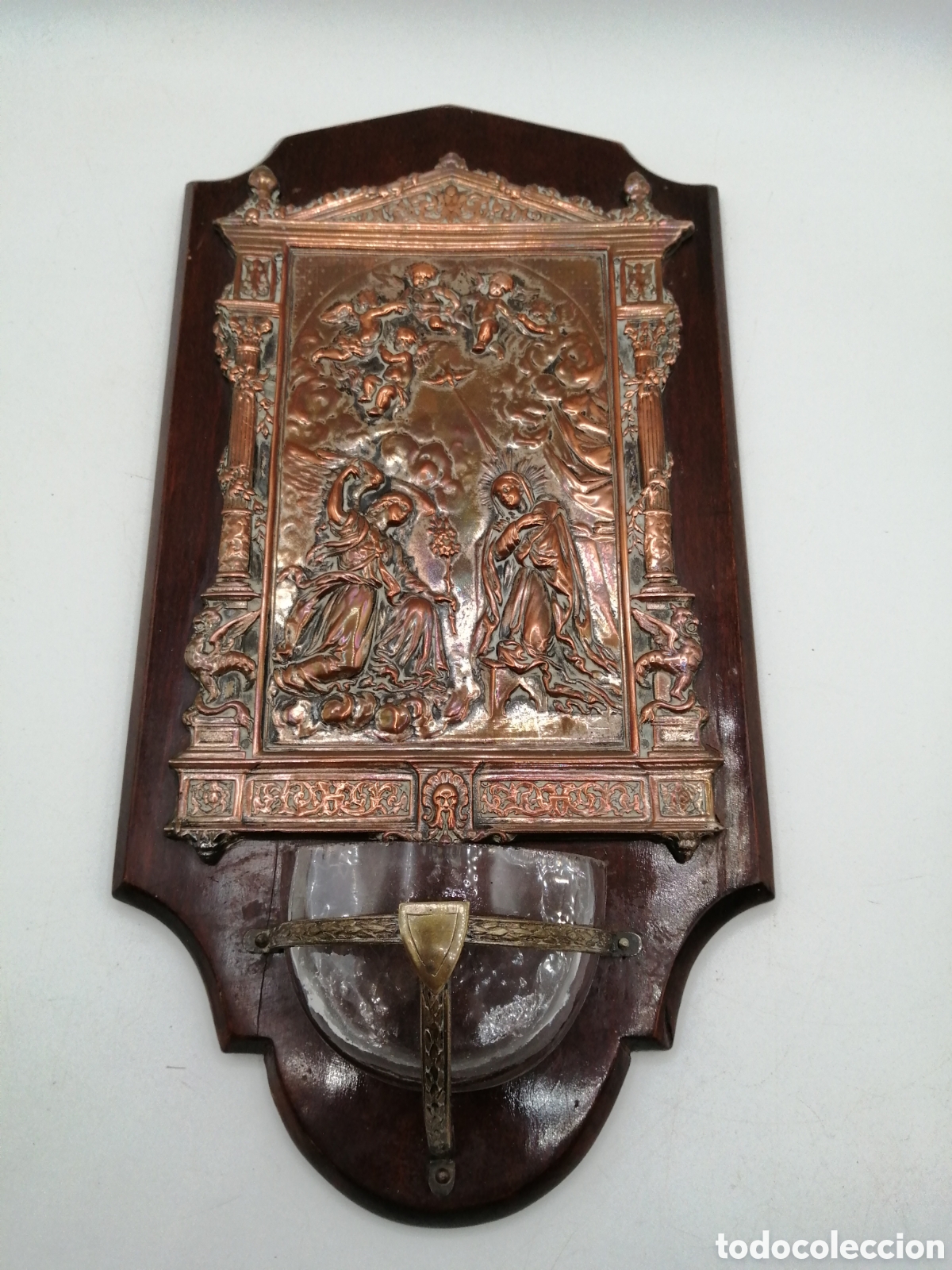 Antig&uuml;edades: Antigua benditera cobre plateado bronce y madera - Foto 2