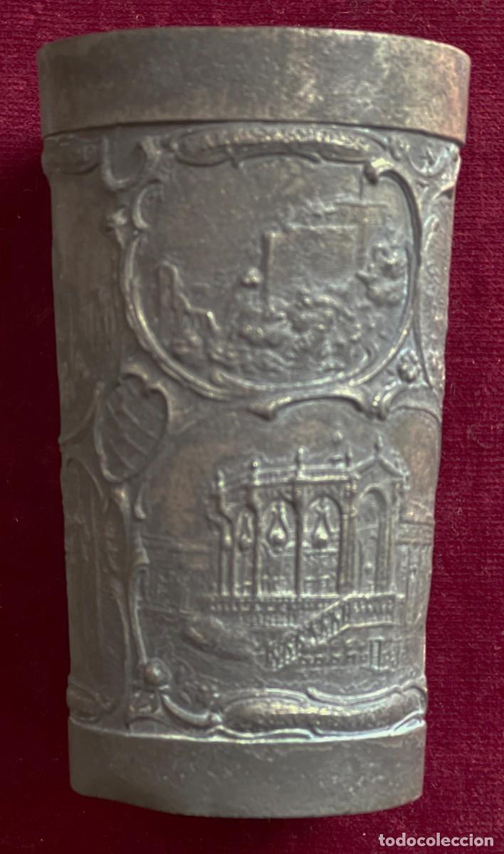 Antig&uuml;edades: Antiguo Vaso de esta&ntilde;o recuerdo de Baden-Baden (Alemania). Zinnbecher Marca N.B.M. Anterior a 1945