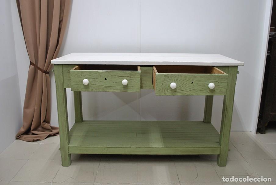 Antig&uuml;edades: MESA DE COCINA ANTIGUA PINTADA DE VERDE Y BLANCO - Foto 6