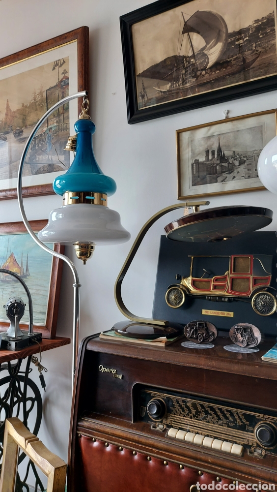 Antig&uuml;edades: L&aacute;mpara de techo opalina turquesa y blanco. Circa 1960 - Foto 3