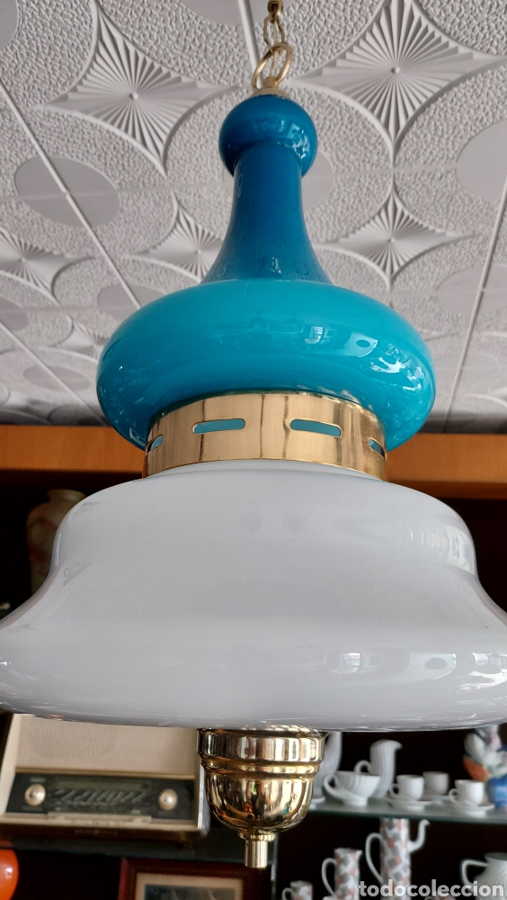 Antig&uuml;edades: L&aacute;mpara de techo opalina turquesa y blanco. Circa 1960 - Foto 6