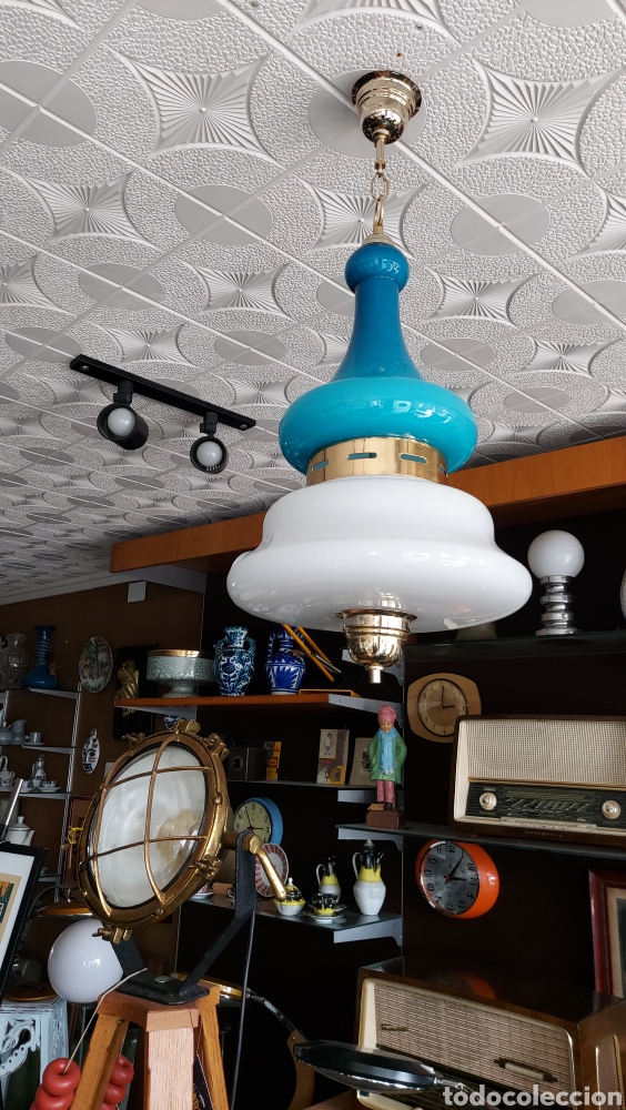 Antig&uuml;edades: L&aacute;mpara de techo opalina turquesa y blanco. Circa 1960 - Foto 7