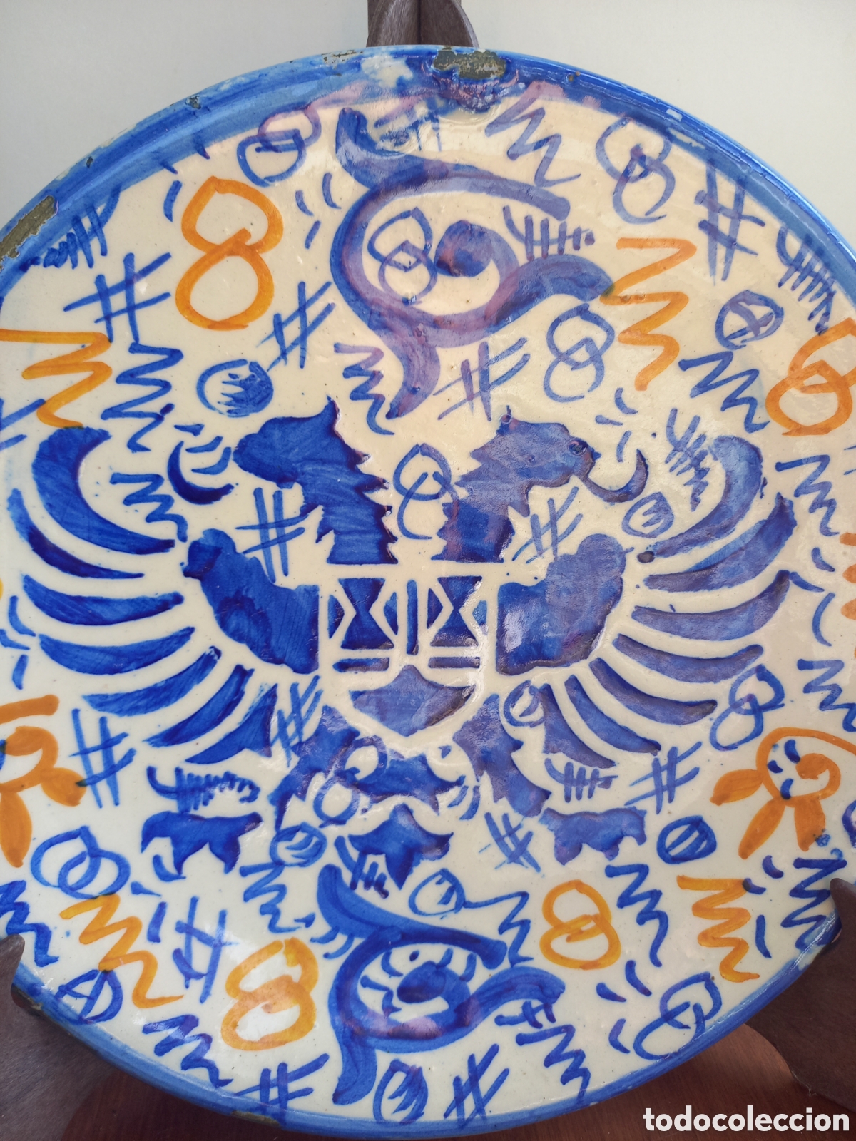 Antig&uuml;edades: Plato antiguo con aguila bicefala en ceramica estilo mudejar Manises Valencia 23,5 cm