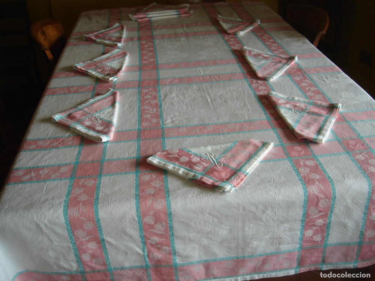 Antig&uuml;edades: Mantel de algod&oacute;n adamascado con 12 servilletas ( 1 ) - Foto 2