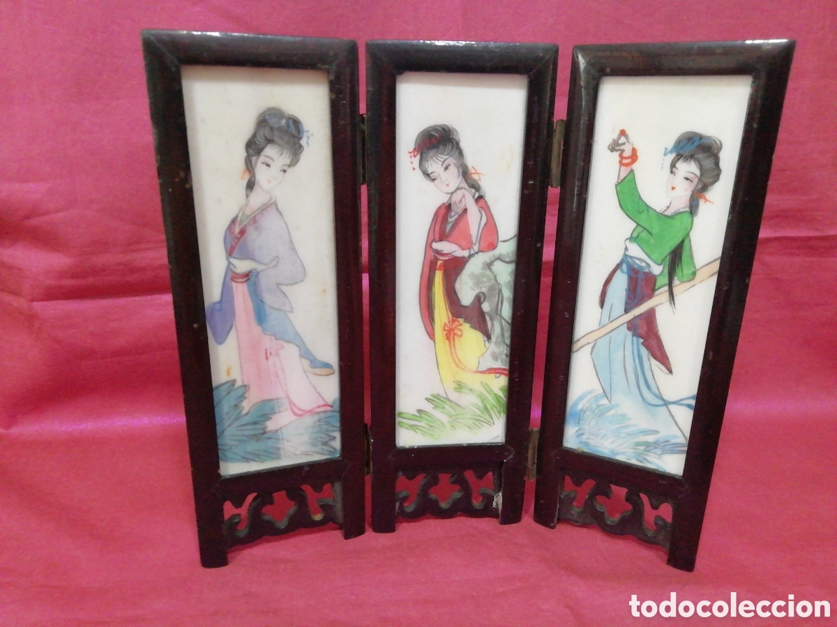 Antiguidades: Biombo en miniatura madera y piedra pintado a mano